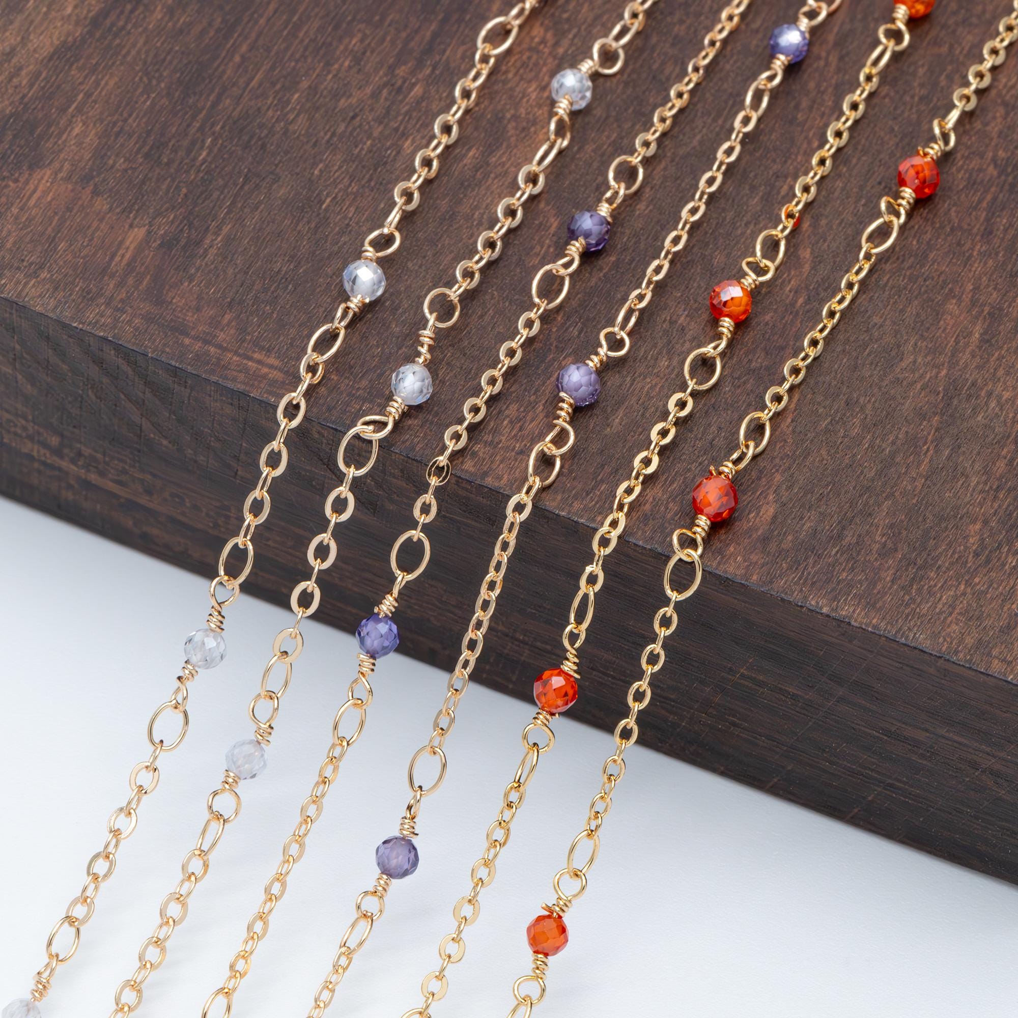 Gemstone Beaded Chain, 18K Gold plated Brass, 1.7mm Cable Chain with 3mm Quartz Beads (#LK-379)/ 1 Meter=3.3ft